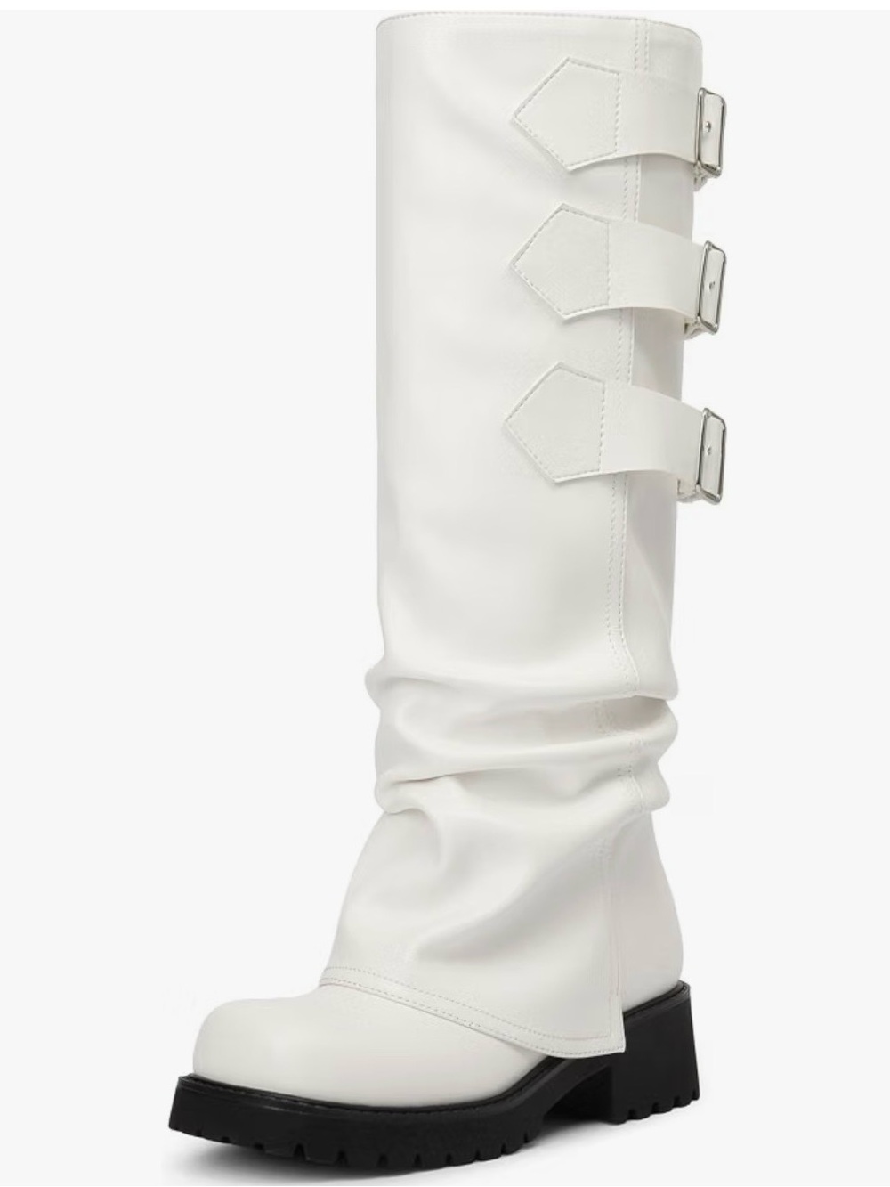 Brand New! White Buckle Knee-high Biker Slouch Boot - (Size: 8.5)